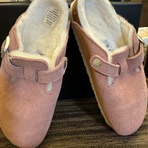 Birkenstock Pink Suede Shearling Lined Clogs
